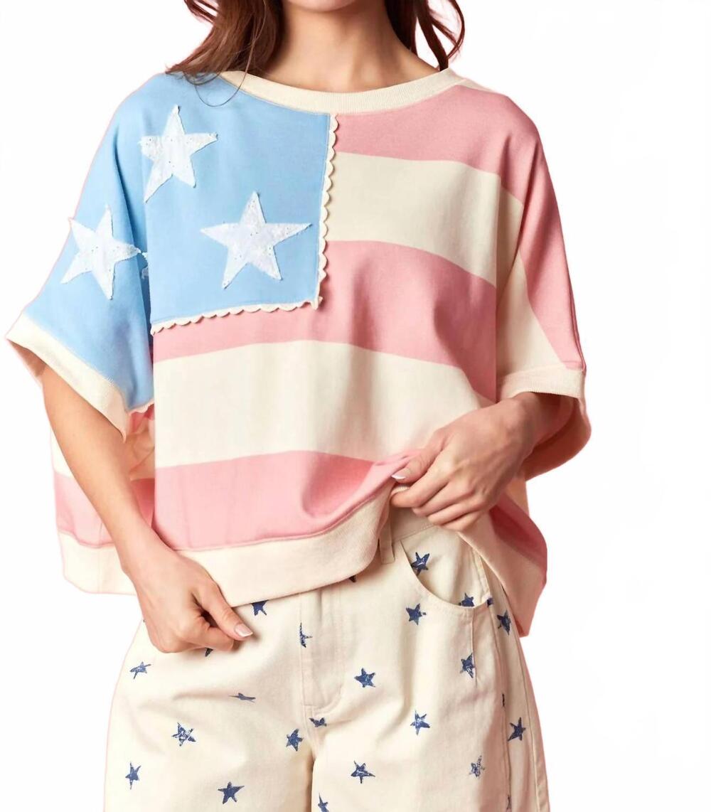 NEW PEACH LOVE women's americana flag crop sweatshirt in multicolor